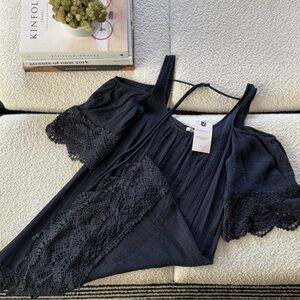 Adreamly Navy Blue Linen Dress with Lace Scalloped Accents